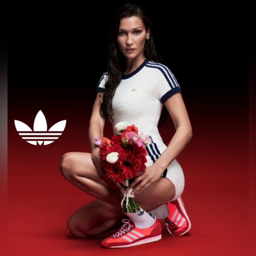 Adidas bouclè fluffy knit t-shirt and short set, as seen on Bella Hadid